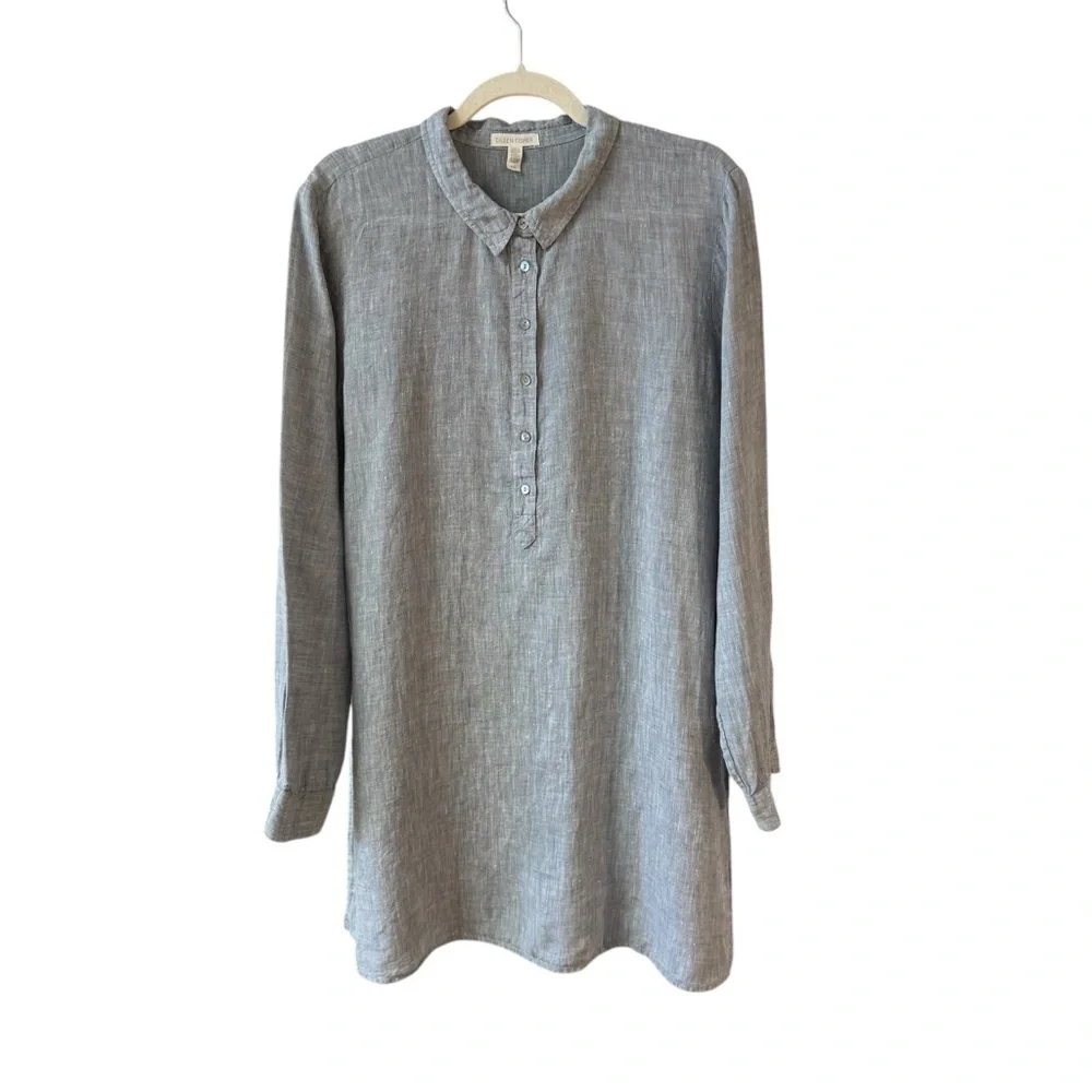 Eileen Fisher Organic Linen Tunic Popover Shirt Dress Chambray Blue‎ Size LG - Picture 4 of 12